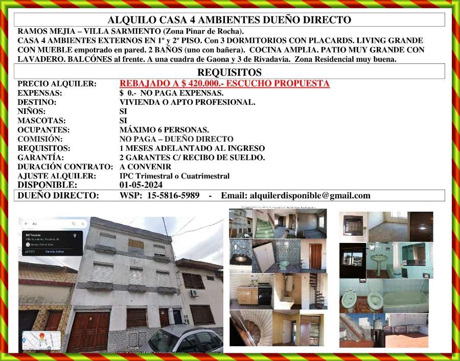 Alquilo casa  ambientes  due�o directo  apto profesional ramos mejia  villa sarmiento zona pina - Moron - Imagen 1