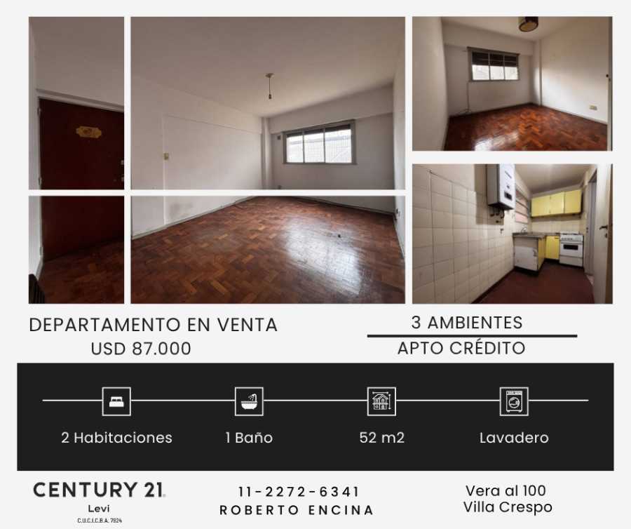 Departamento en Venta en Villa Crespo, · 2 dorm · 3 ambientes · 52 m² de lote - Imagen 1