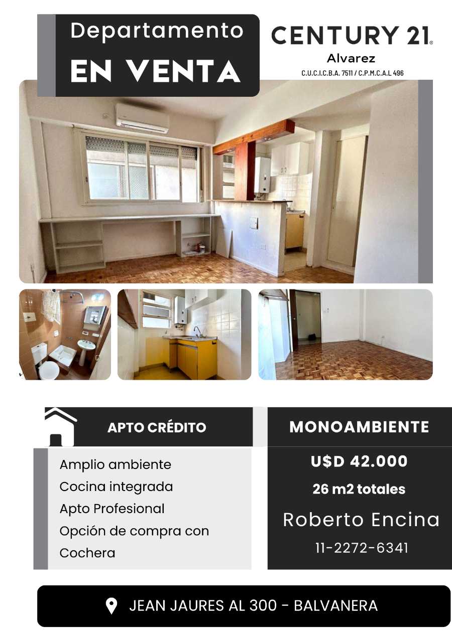 Tu próximo Departamento en Venta en Balvanera · 1 dorm · 1 ambientes · cochera · 26 m² de lote - Imagen 1
