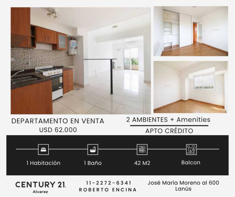 Departamento en Lanus: en Venta · 1 dorm · 2 ambientes · 42 m² de lote - Imagen 1