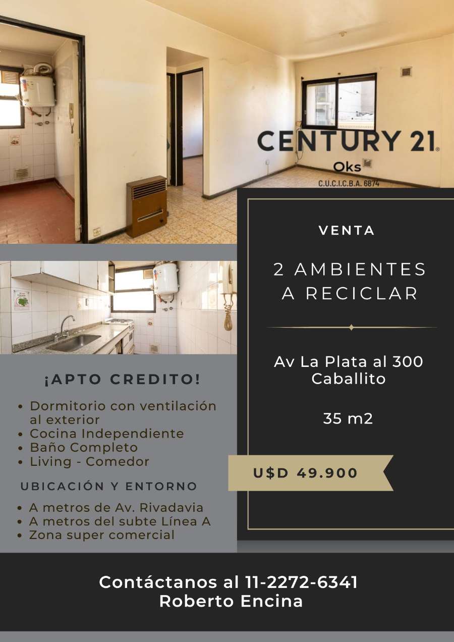 Departamento en Venta en Caballito, · 1 dorm · 2 ambientes · 35 m² de lote - Imagen 1