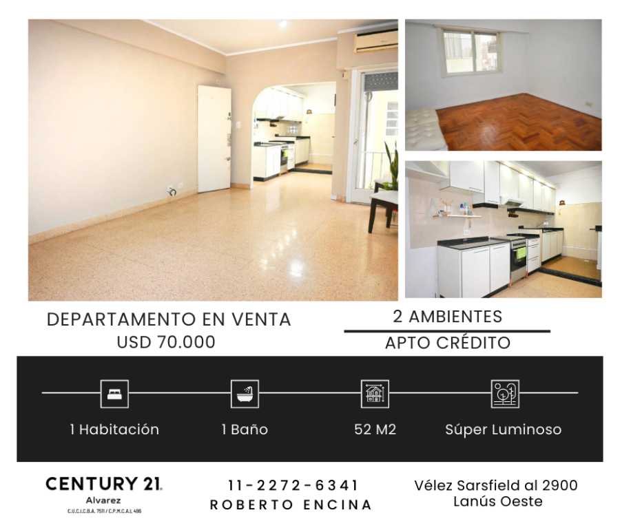 Departamento en Lanus para en Venta · 1 dorm · 2 ambientes · 52 m² de lote - Imagen 1