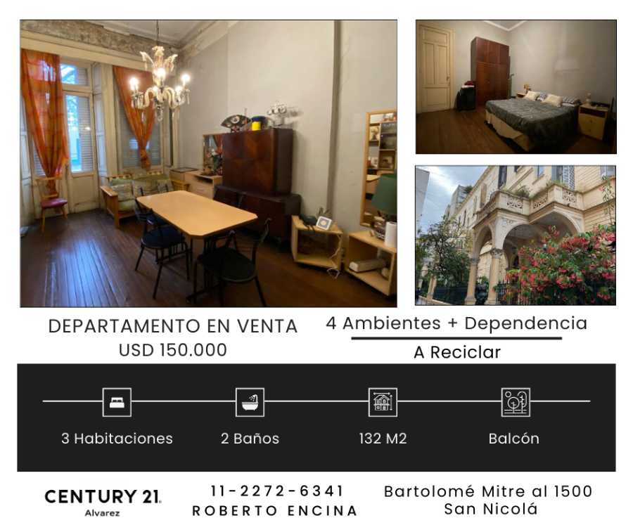 Excelente Departamento en San Nicolás en Venta · 3 dorm · 4 ambientes · 132 m² de lote - Imagen 1