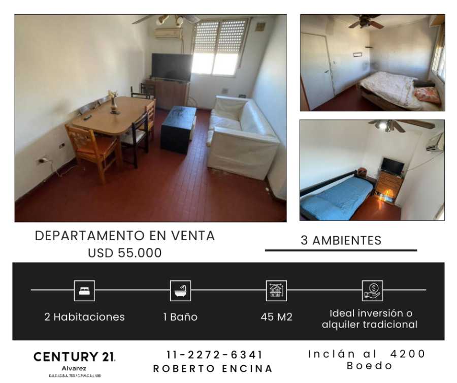 Departamento disponible para la en Venta en Boedo · 2 dorm · 3 ambientes · 45 m² de lote - Imagen 1