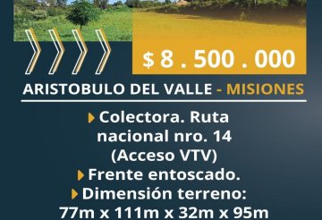 Lote ubicado sobre calle colectora ruta nacional 14 en el acceso a la VTV de Aristóbulo del Valle. , 