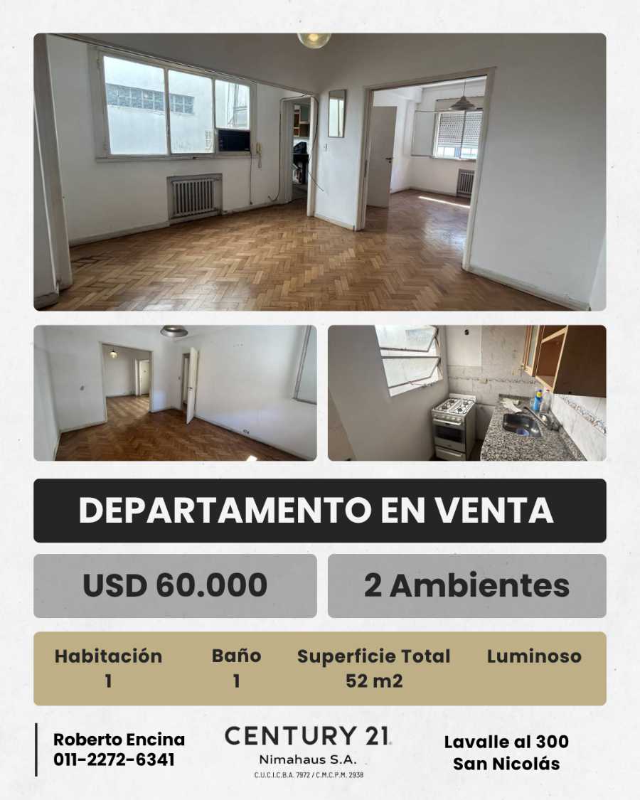 Excelente Departamento en San Nicolás en Venta · 1 dorm · 2 ambientes · 52 m² de lote - Imagen 1