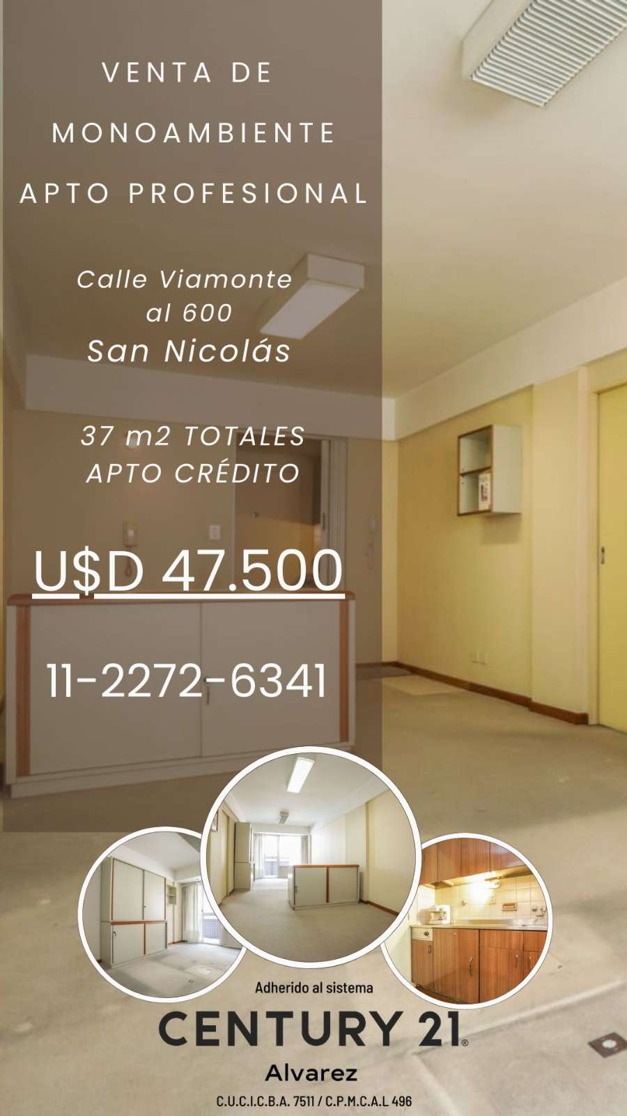 Departamento en Venta en San Nicolás con · 1 dorm · 1 ambientes · 37 m² de lote - Imagen 1