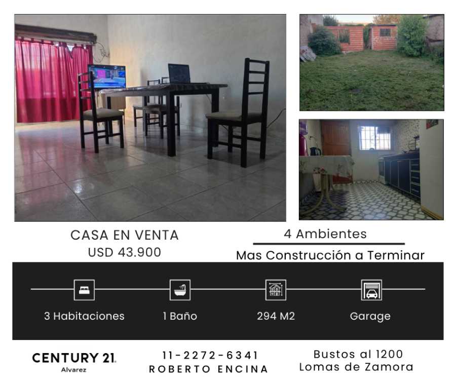 En Lomas de Zamora, Casa en Venta · 3 dorm · 4 ambientes · cochera · 295 m² de lote - Imagen 1