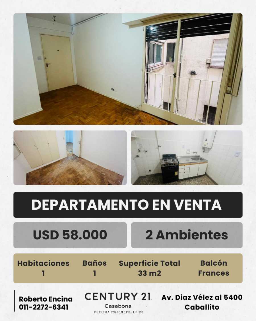 Departamento en Venta en Caballito con · 1 dorm · 2 ambientes · 33 m² de lote - Imagen 1