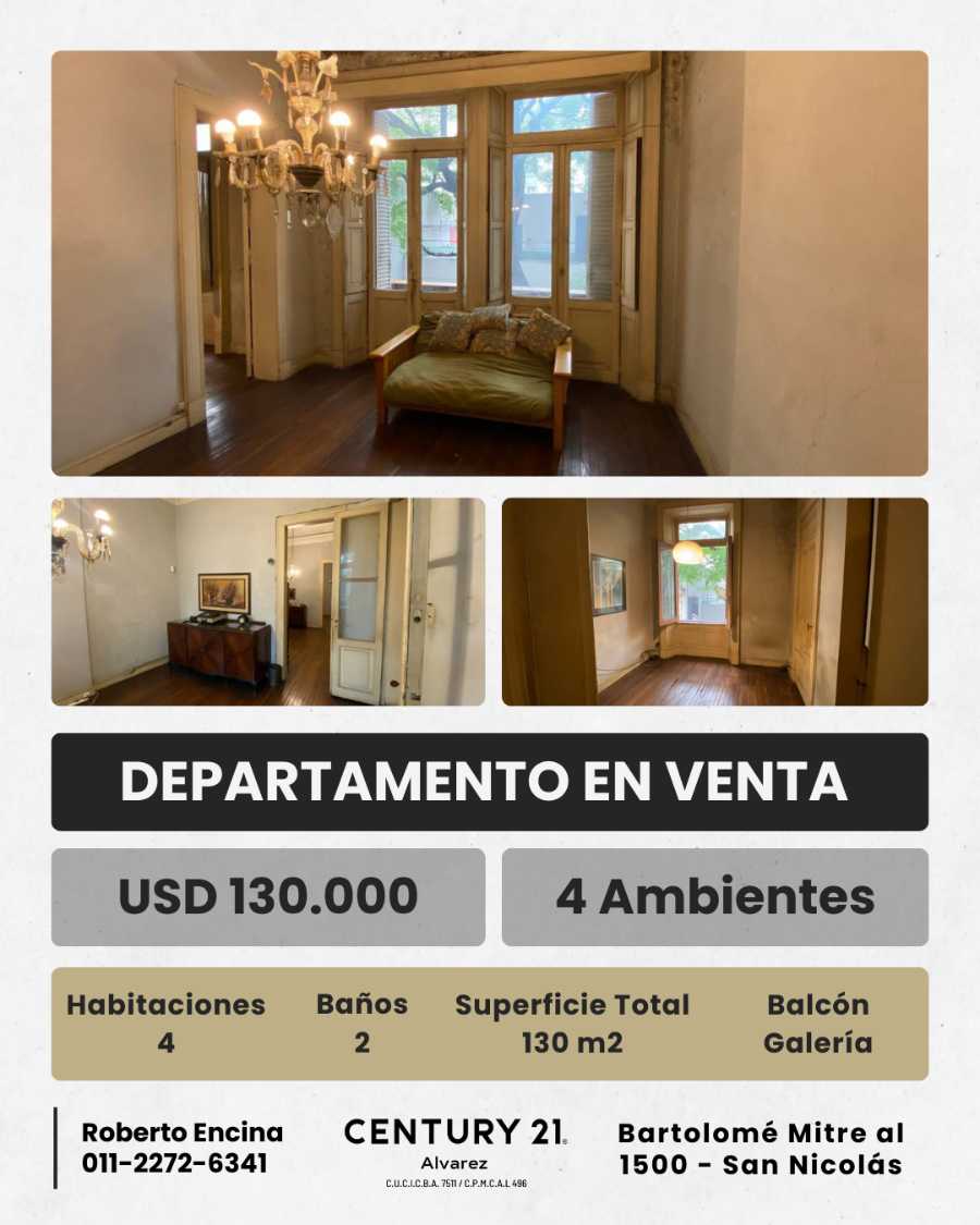 Departamento en San Nicolás: en Venta · 4 o más dorm · 4 ambientes · 130 m² de lote - Imagen 1